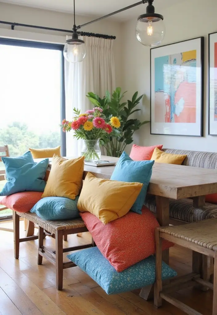 25 Coastal Dining Room Inspirations Full of Breezy Vibes - 17. Colorful Throw Pillows