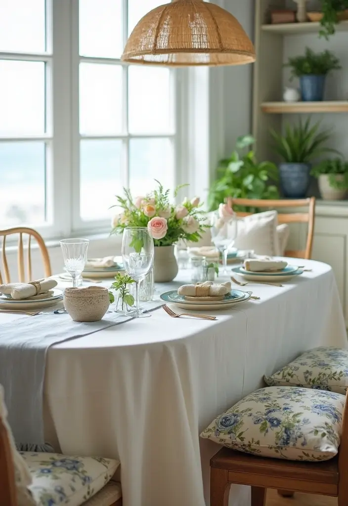25 Coastal Dining Room Inspirations Full of Breezy Vibes - 8. Light and Airy Fabrics