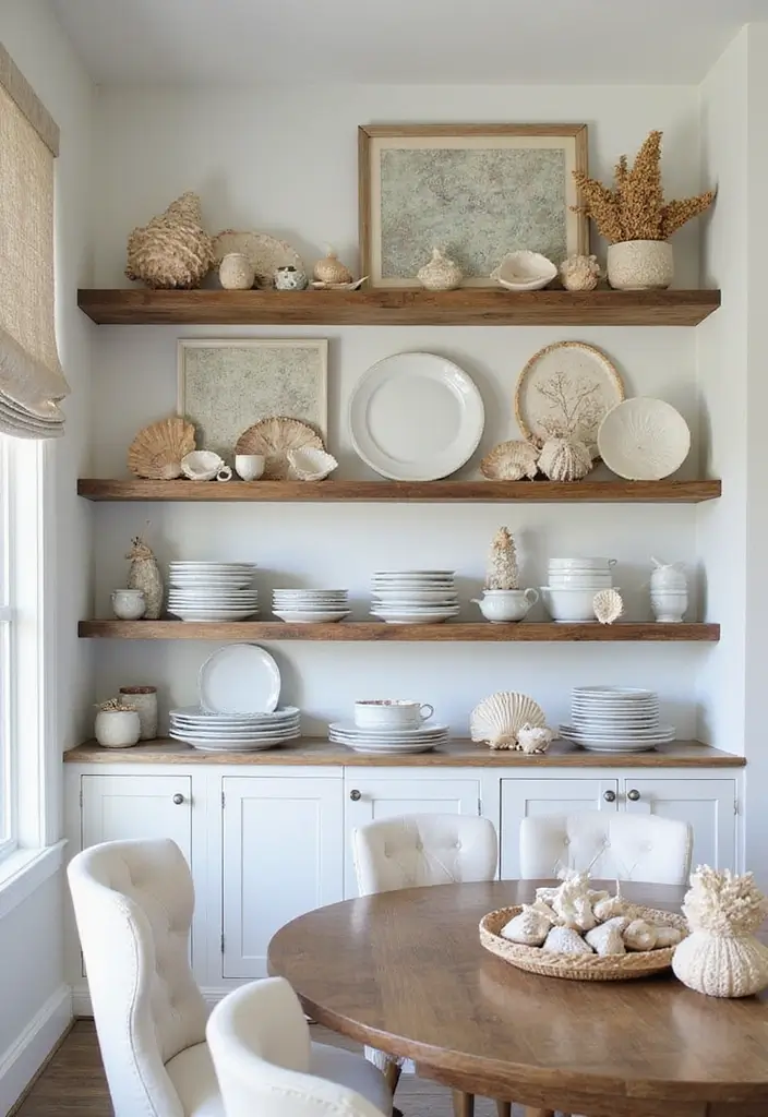 25 Coastal Dining Room Inspirations Full of Breezy Vibes - 9. Open Shelving with Coastal Decor