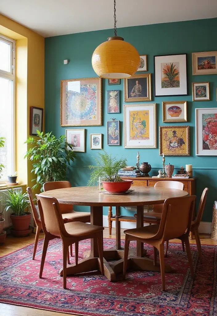 25 Colorful Dining Room Designs That Spark Joy - 6. Artistic Wall Hangings