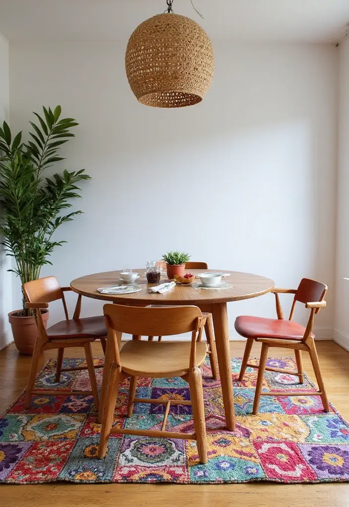 25 Colorful Dining Room Designs That Spark Joy - 7. Playful Rug Choices