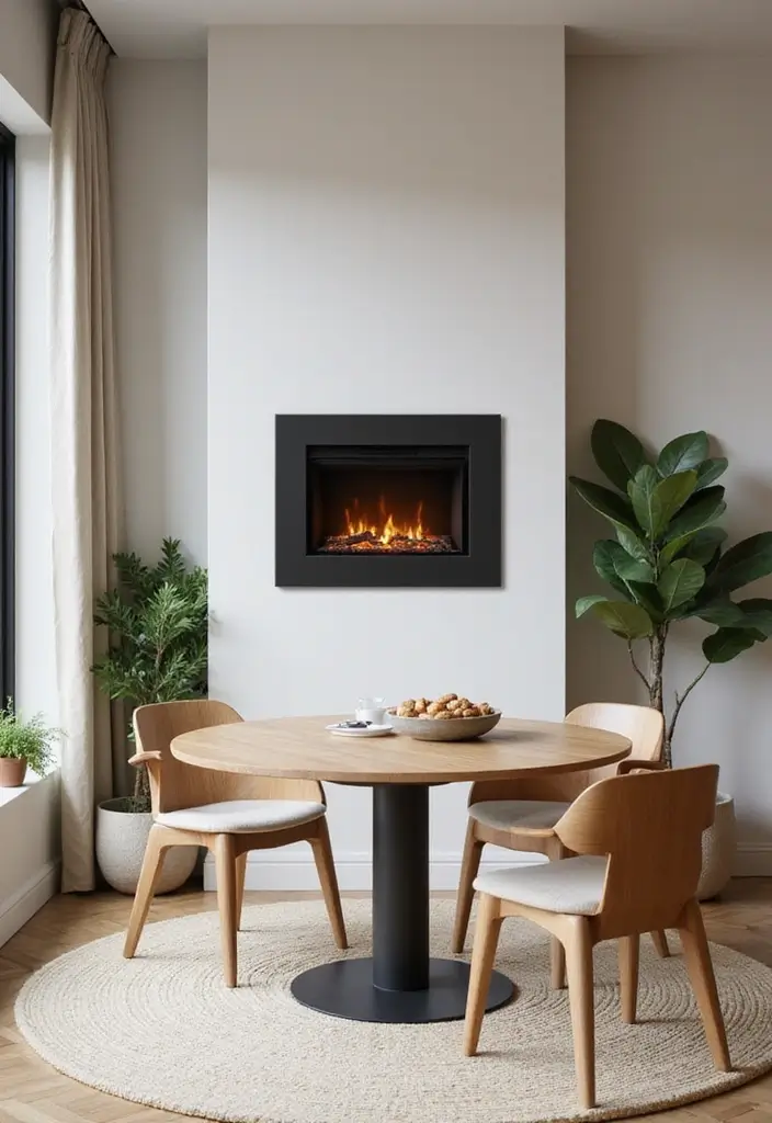 25 Dining Rooms with Fireplace That Feel Extra Cozy - 1. Modern Minimalist Charm