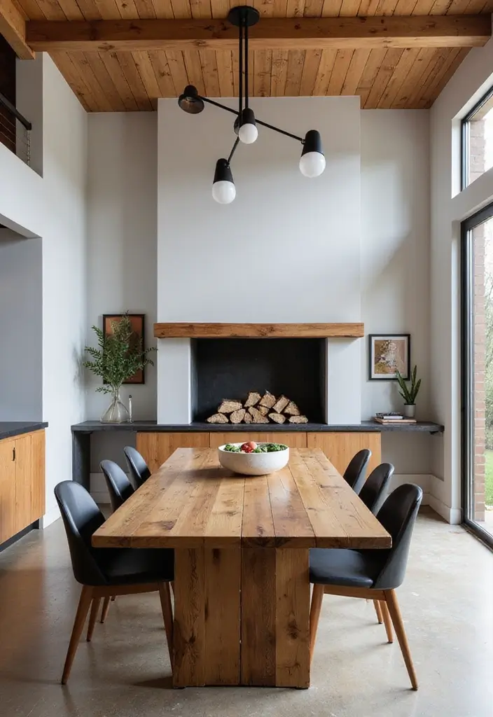25 Dining Rooms with Fireplace That Feel Extra Cozy - 17. Modern Rustic Fusion