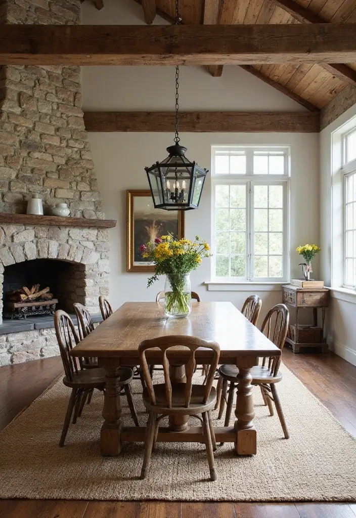 25 Dining Rooms with Fireplace That Feel Extra Cozy - 2. Rustic Farmhouse Vibes