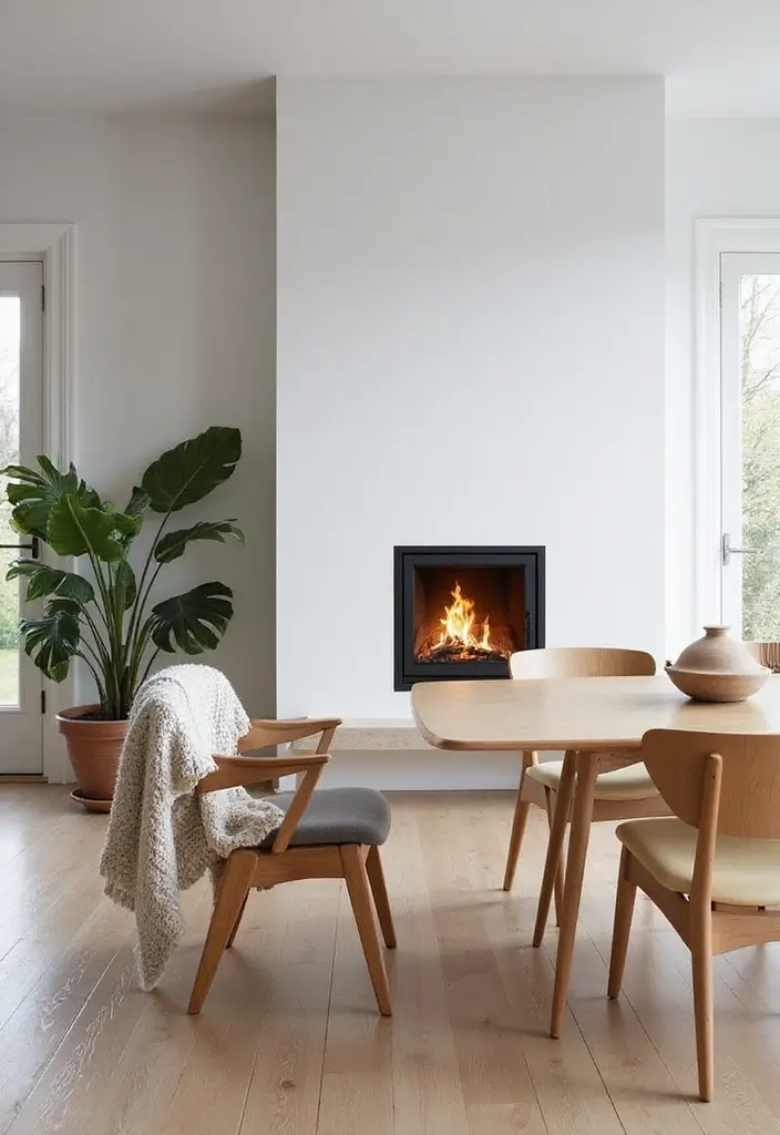 25 Dining Rooms with Fireplace That Feel Extra Cozy - 3. Scandinavian Simplicity