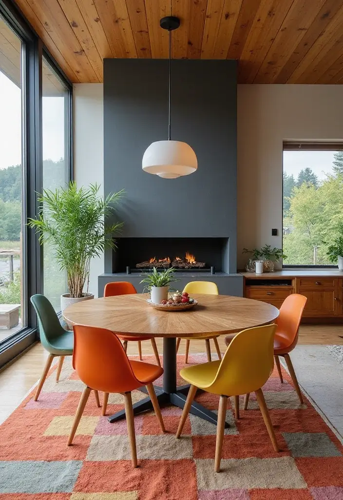 25 Dining Rooms with Fireplace That Feel Extra Cozy - 6. Mid-Century Modern Delight