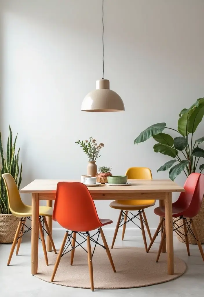 25 Eclectic Dining Room Designs That Mix and Match Beautifully - 10. Minimalist Eclectic with a Touch of Color