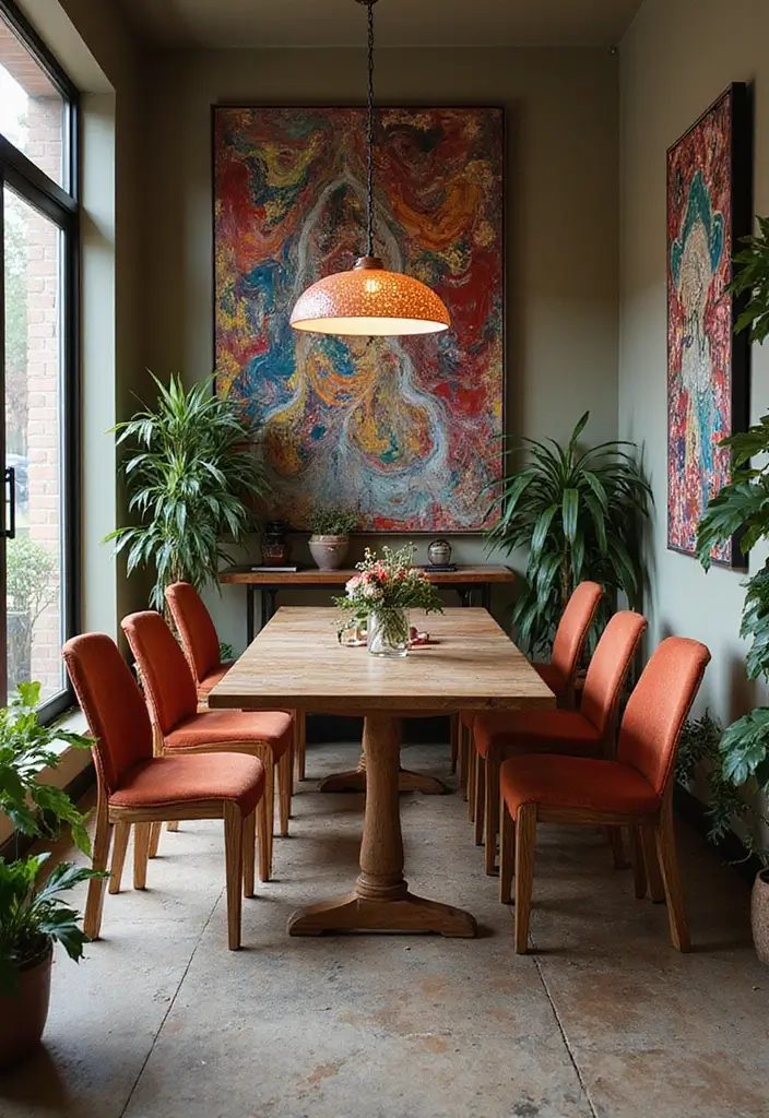 25 Eclectic Dining Room Designs That Mix and Match Beautifully - 11. Artistic Expression with Custom Pieces