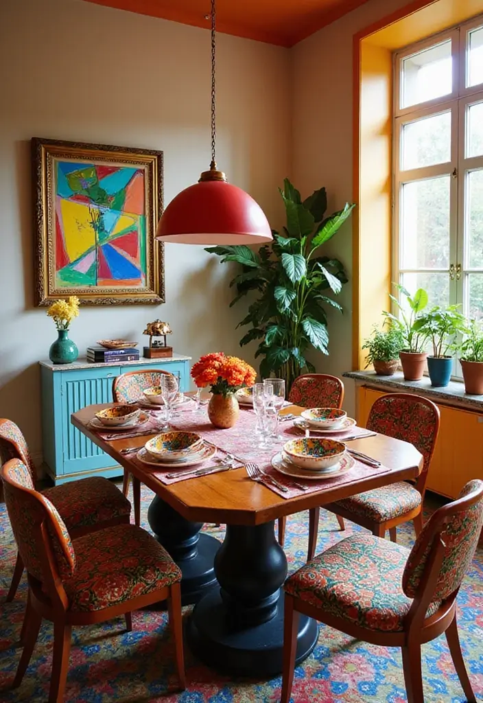 25 Eclectic Dining Room Designs That Mix and Match Beautifully - 12. Colorful Chic with Bold Accents