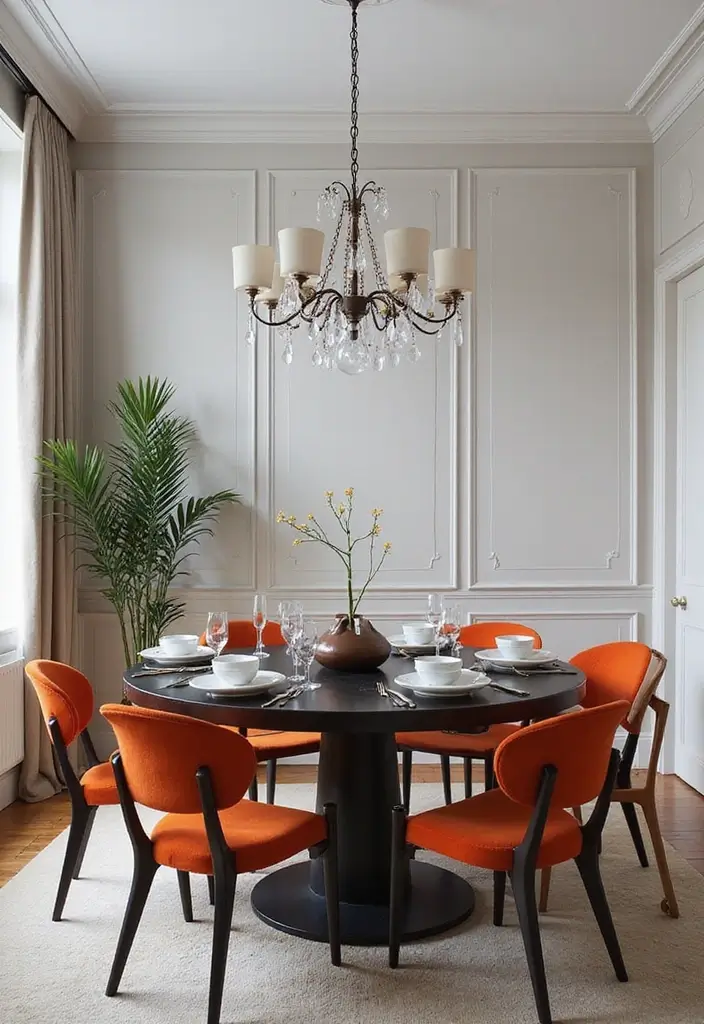 25 Eclectic Dining Room Designs That Mix and Match Beautifully - 16. Elegant Monochrome with Pops of Color