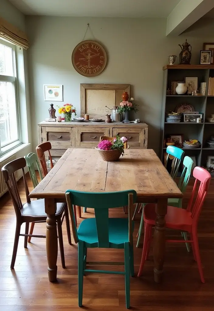 25 Eclectic Dining Room Designs That Mix and Match Beautifully - 23. Upcycled Vintage with Creative Flair