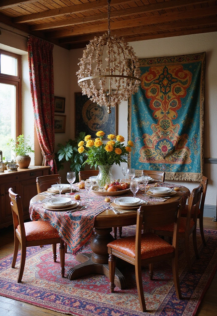 25 Eclectic Dining Room Designs That Mix and Match Beautifully - 24. Global Eclectic with Cultural Textiles