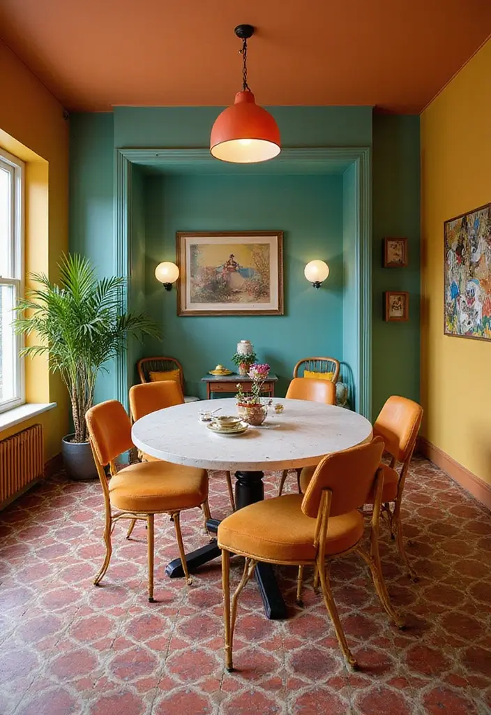 25 Eclectic Dining Room Designs That Mix and Match Beautifully - 4. Retro Revival with Playful Patterns