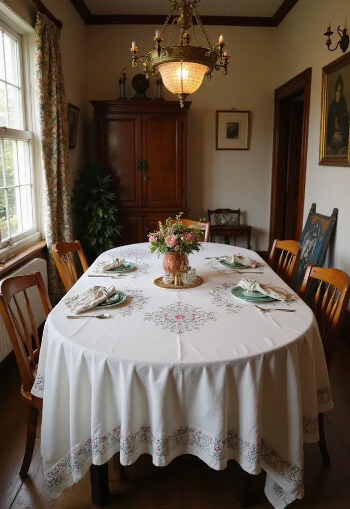 25 French Country Dining Room Designs with Rustic Elegance - 17. Vintage Linens