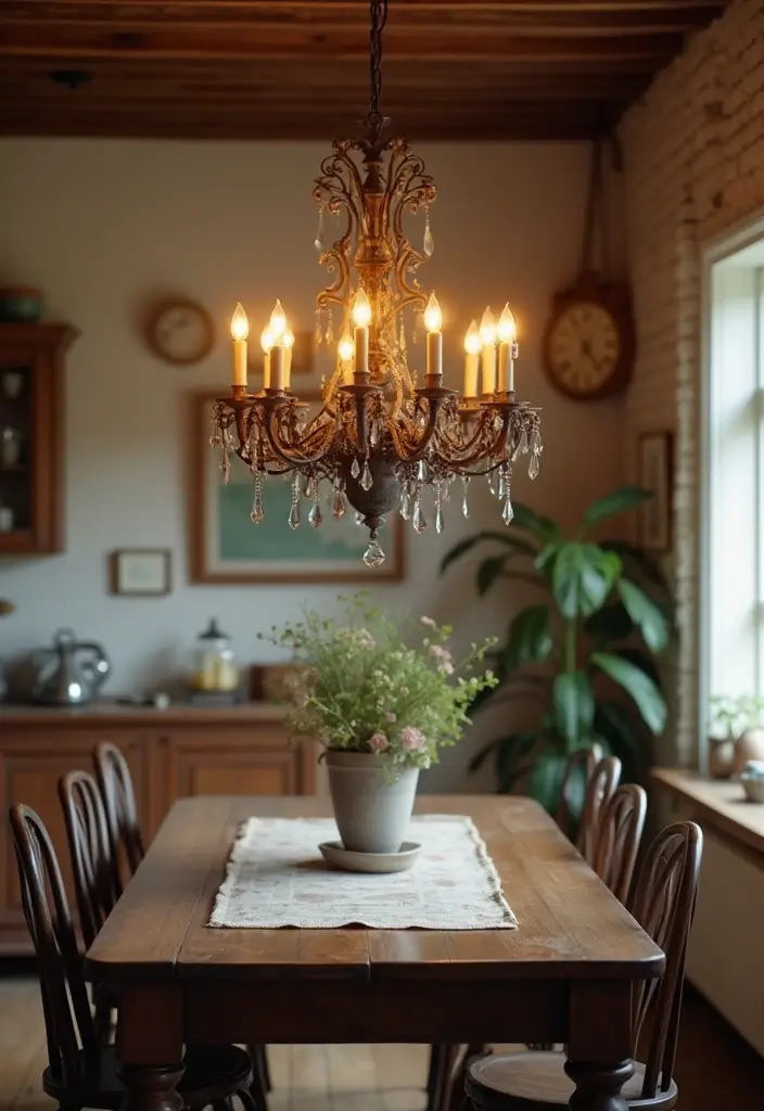 25 French Country Dining Room Designs with Rustic Elegance - 2. Vintage Chandelier Glam
