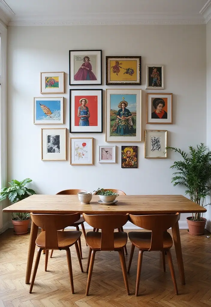 25 Mid Century Modern Dining Room Looks That Stay Trendy - 6. Eclectic Gallery Wall