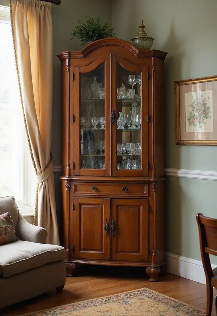 27 Dining Room Cabinet Ideas That Blend Style and Storage - 11. Antique Corner Cabinet