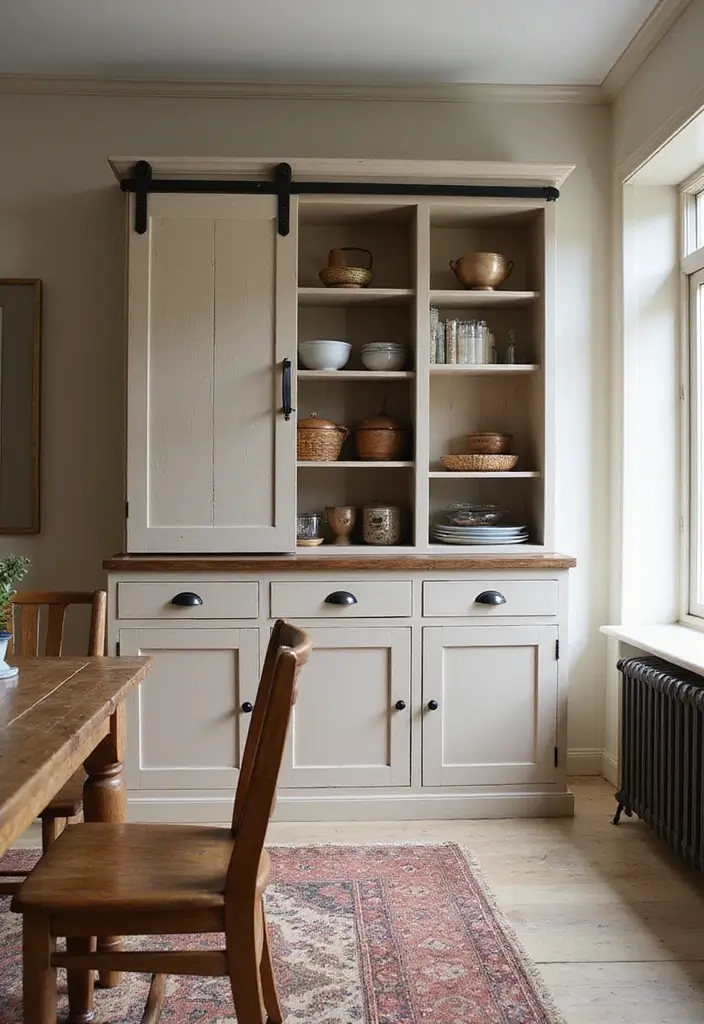 27 Dining Room Cabinet Ideas That Blend Style and Storage - 24. Farmhouse Sliding-Door Cabinet
