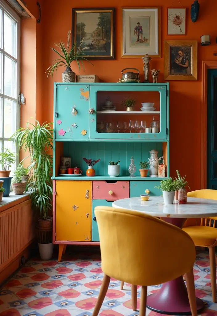 27 Dining Room Cabinet Ideas That Blend Style and Storage - 8. Retro Cabinet with Bold Colors