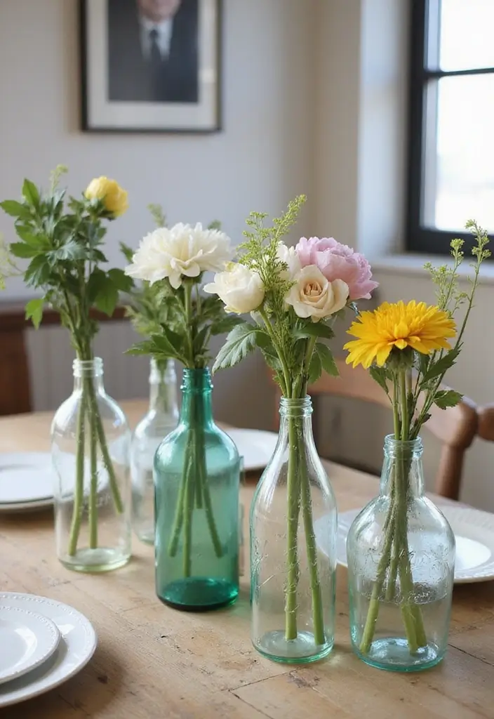 27 Dining Room Table Centerpiece Ideas That Pop - 10. Upcycled Glass Bottles