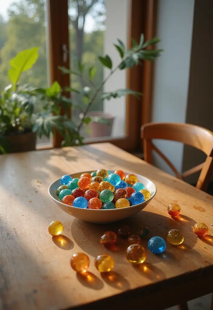 27 Dining Room Table Centerpiece Ideas That Pop - 13. Colorful Glass Marbles