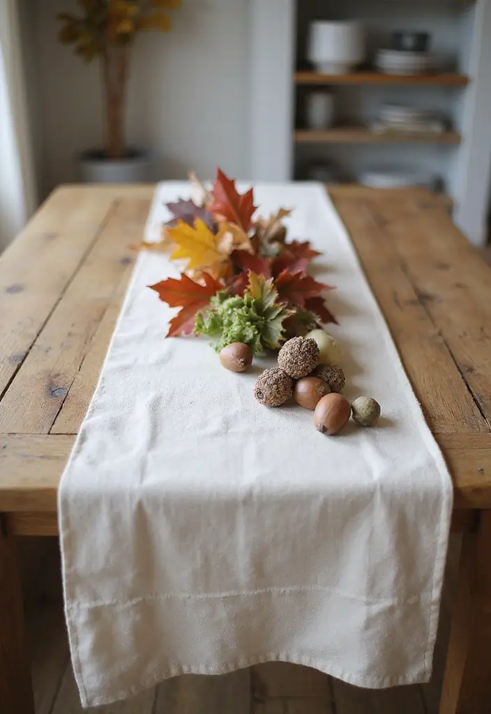 27 Dining Room Table Centerpiece Ideas That Pop - 14. Linen Table Runner with Found Objects