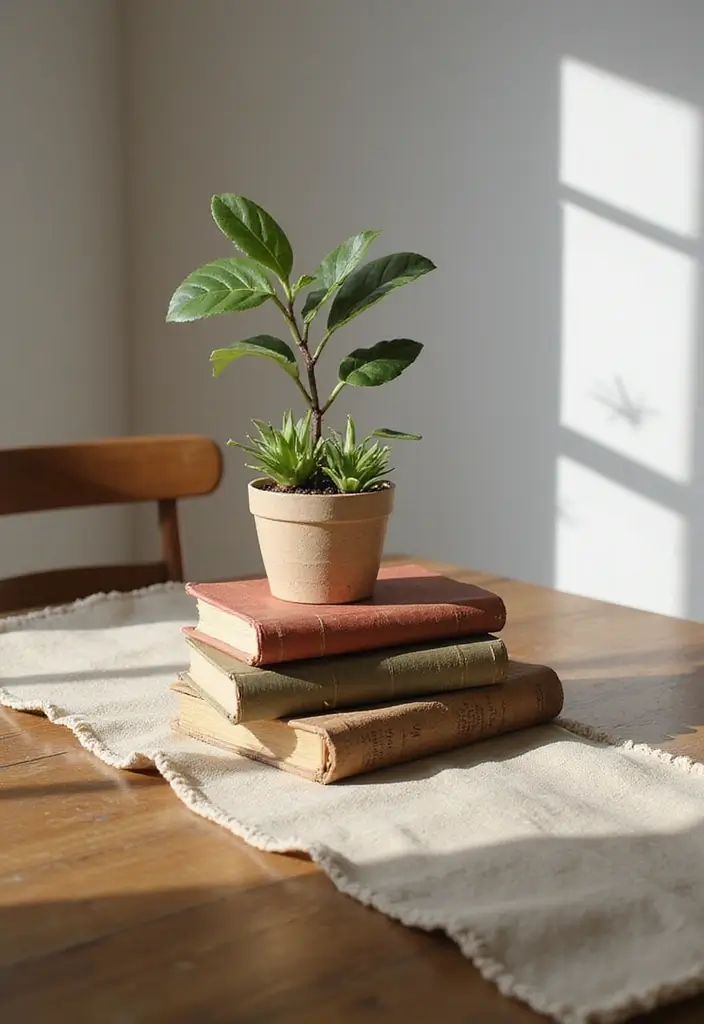 27 Dining Room Table Centerpiece Ideas That Pop - 3. Vintage Book Stack