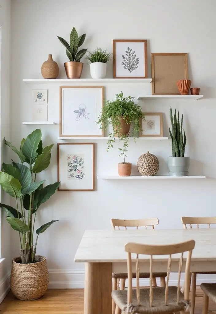 27 Dining Room and Office Combo Hacks That Save Space - 8. Wall Art with Shelving