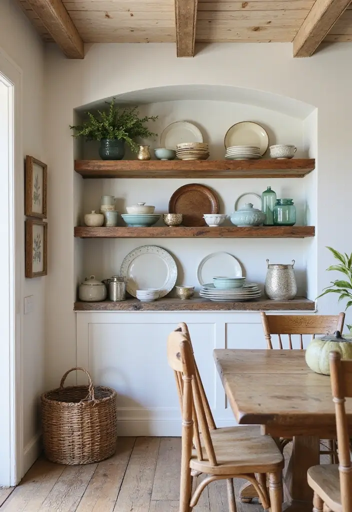 27 Farmhouse Dining Room Ideas for a Warm Rustic Look 10 27 Farmhouse Dining Room Ideas for a Warm Rustic Look - 10. Open Shelving Displays