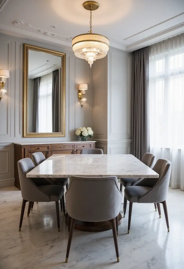 27 Grey Dining Room Designs That Feel Calm and Elegant - 13. Grey and Marble Elegance