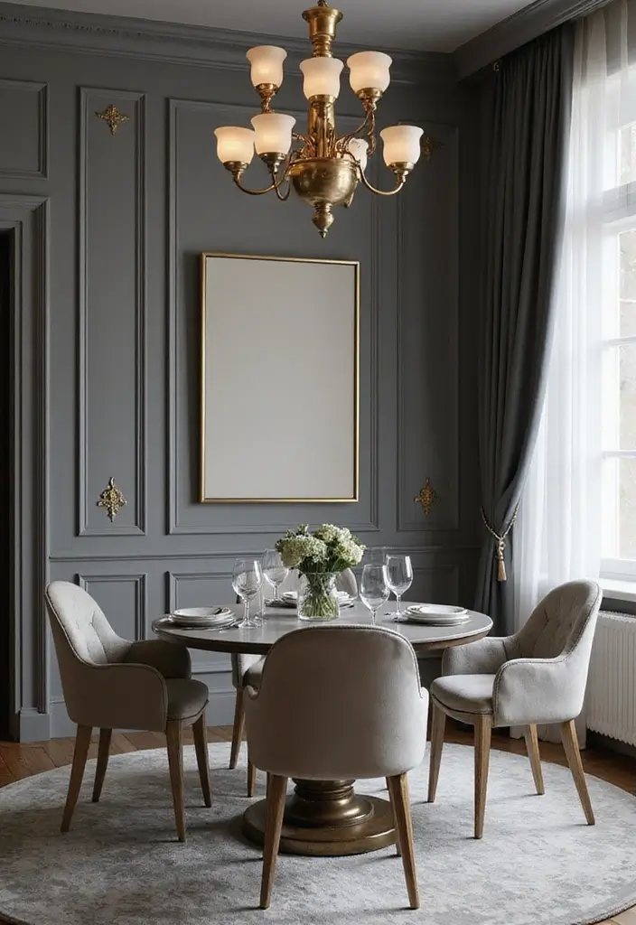 27 Grey Dining Room Designs That Feel Calm and Elegant - 19. Grey and Gold Accents