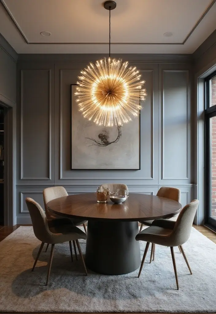 27 Grey Dining Room Designs That Feel Calm and Elegant - 23. Grey Statement Lighting