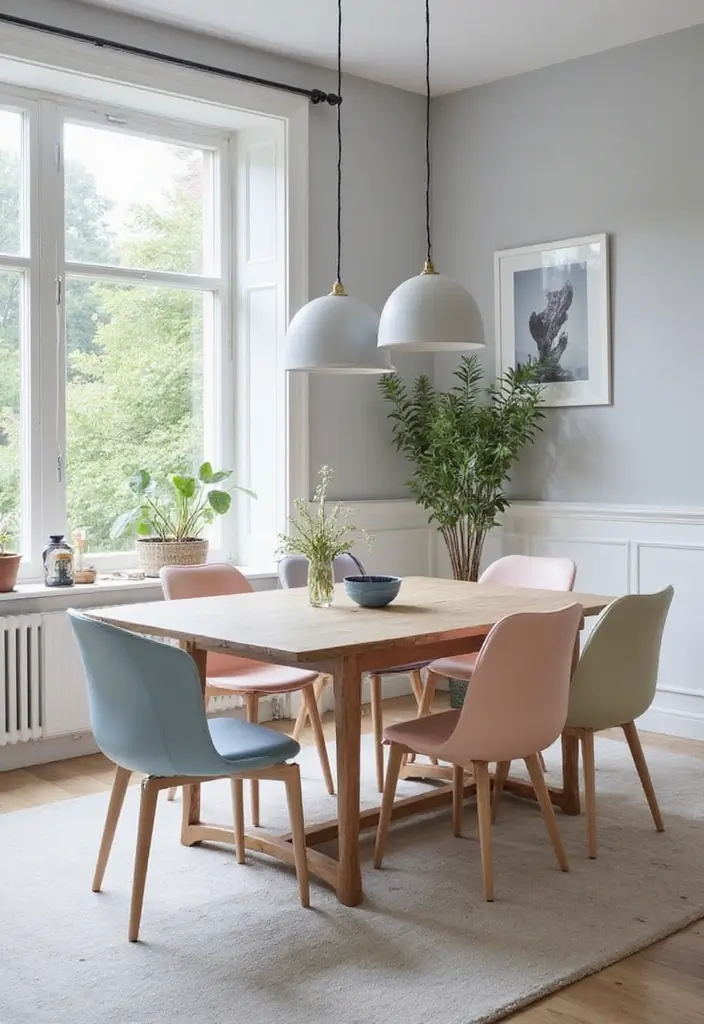 27 Grey Dining Room Designs That Feel Calm and Elegant - 24. Greys with Pastel Hues