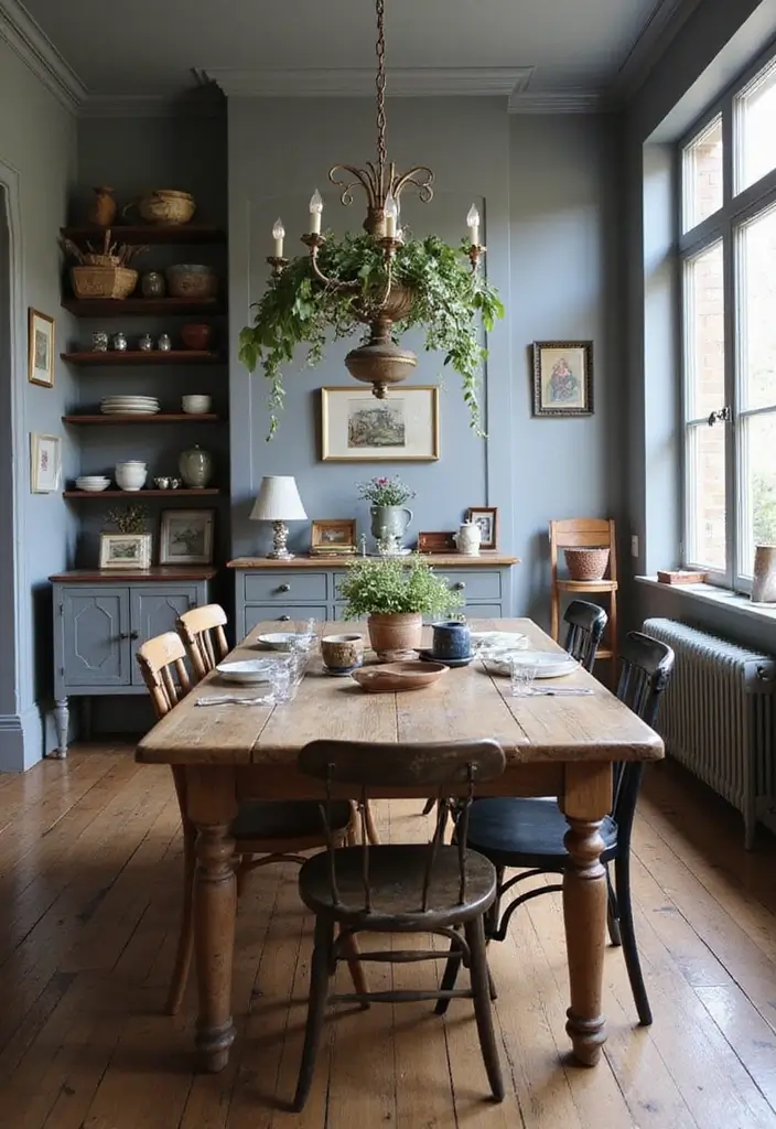 27 Grey Dining Room Designs That Feel Calm and Elegant - 4. Vintage Grey Charm