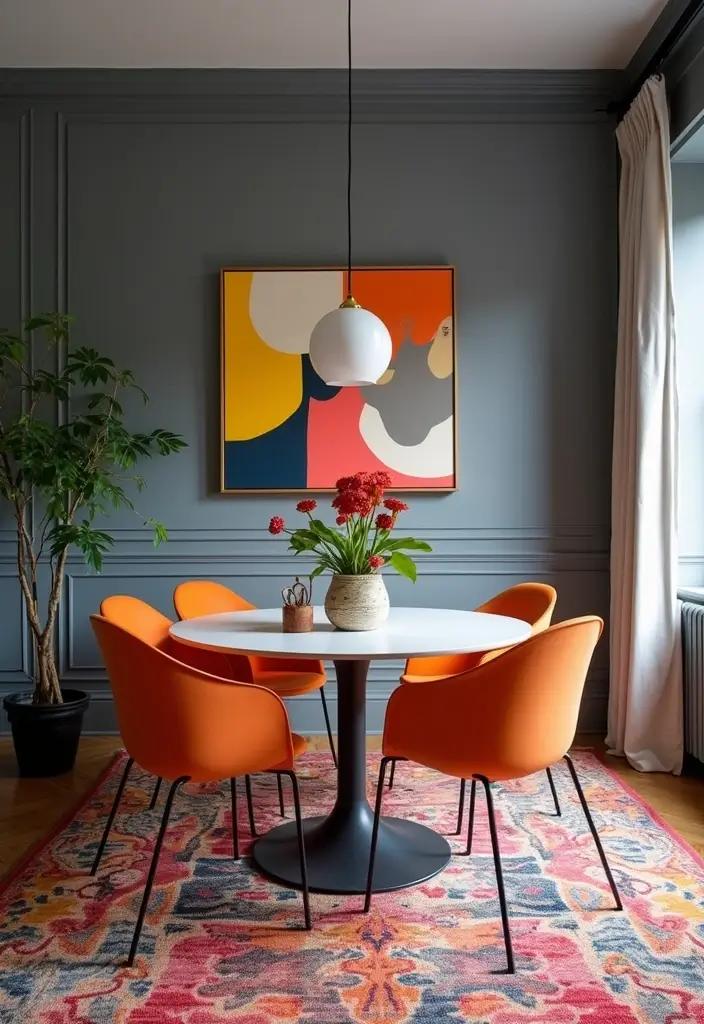 27 Grey Dining Room Designs That Feel Calm and Elegant - 6. Grey with Colorful Accents