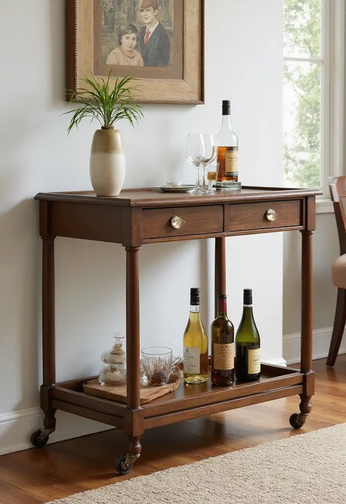 27 Kitchen and Dining Room Ideas That Maximize Space - 26. Compact Bar Cart for Entertaining