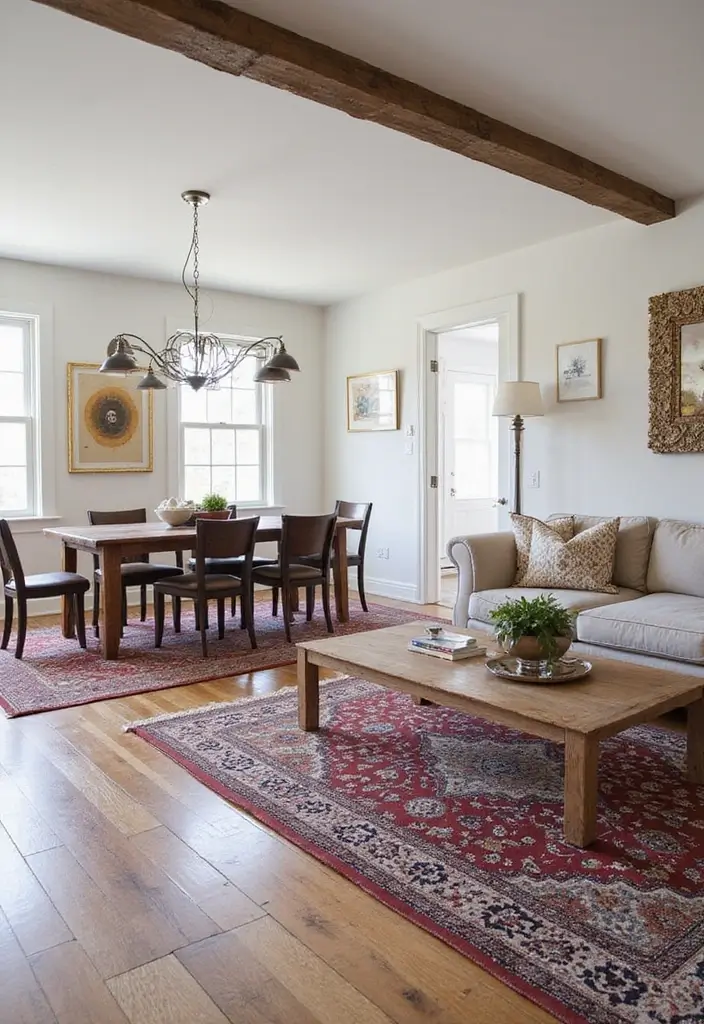 28 Open Concept Living Room and Dining Room Layouts That Work 10 28 Open Concept Living Room and Dining Room Layouts That Work - 10. Statement Rugs to Define Areas