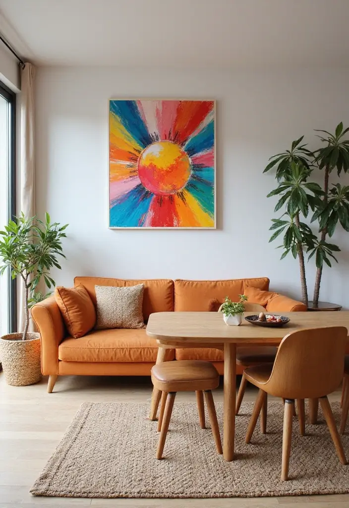 28 Open Concept Living Room and Dining Room Layouts That Work 22 28 Open Concept Living Room and Dining Room Layouts That Work - 22. Colorful Artwork for a Cheerful Atmosphere