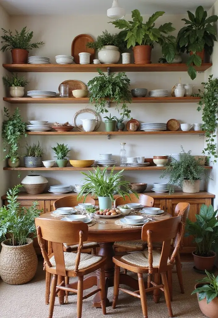 29 Boho Dining Room Styles That Feel Cozy and Eclectic - 11. Open Shelving for Display