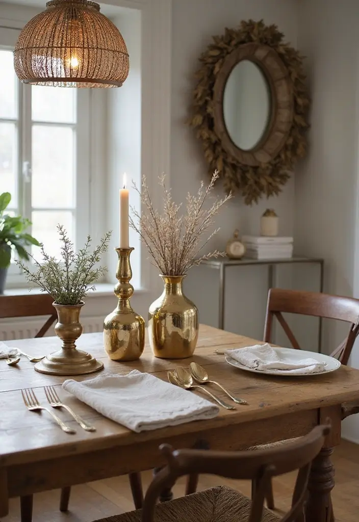 29 Boho Dining Room Styles That Feel Cozy and Eclectic - 14. A Touch of Metallic Accents
