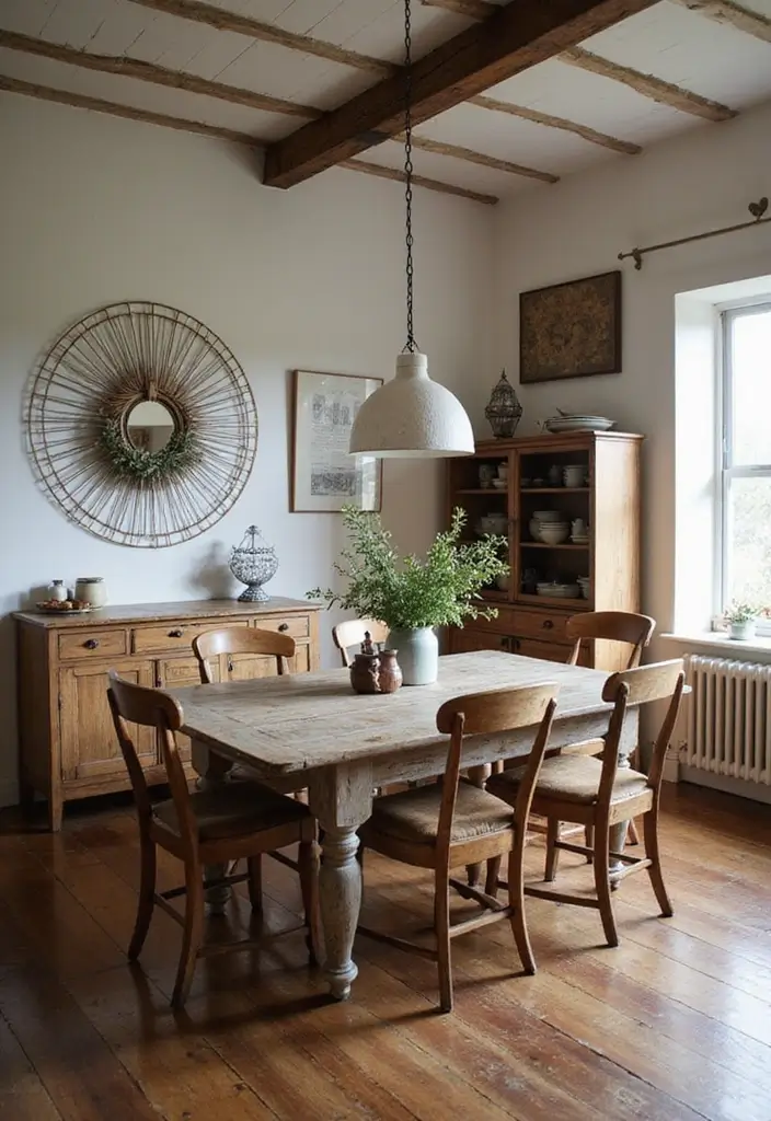29 Boho Dining Room Styles That Feel Cozy and Eclectic - 20. Rustic Charm with Farmhouse Style
