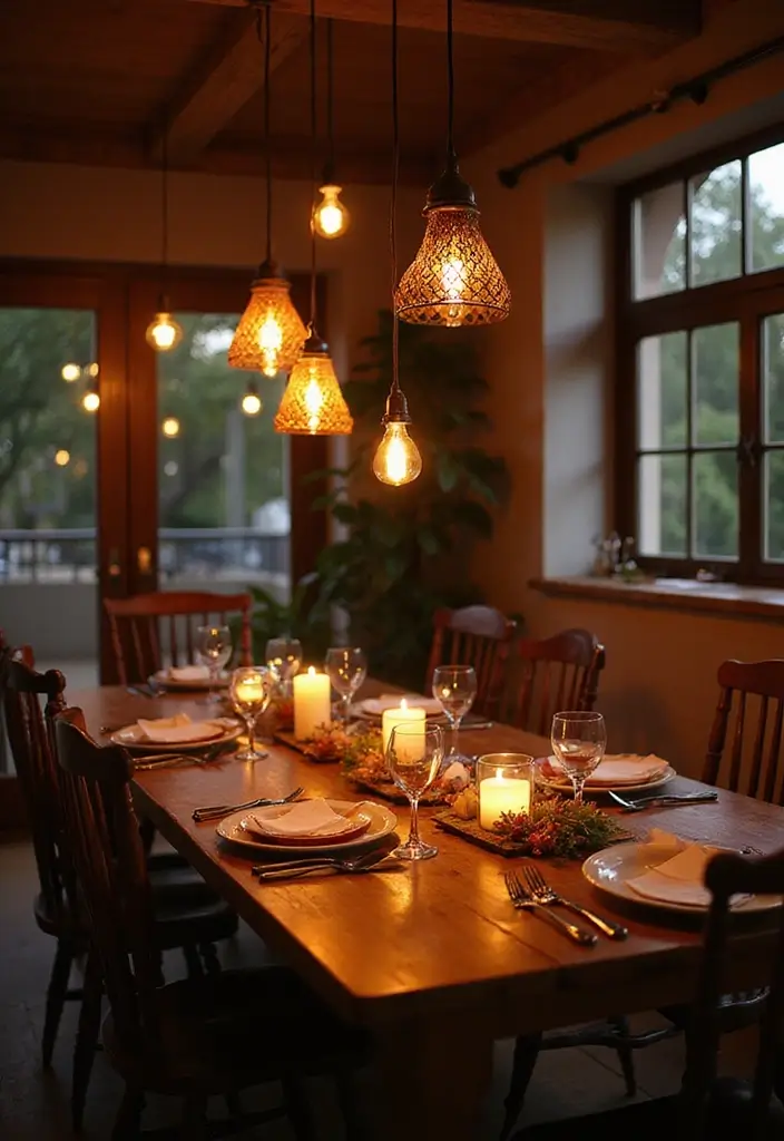 29 Boho Dining Room Styles That Feel Cozy and Eclectic - 5. Layered Lighting Options