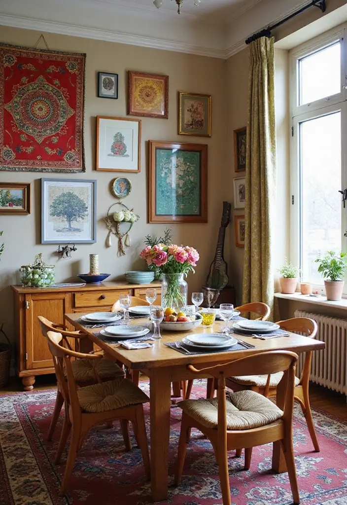 29 Boho Dining Room Styles That Feel Cozy and Eclectic - 6. Gallery Wall of Art