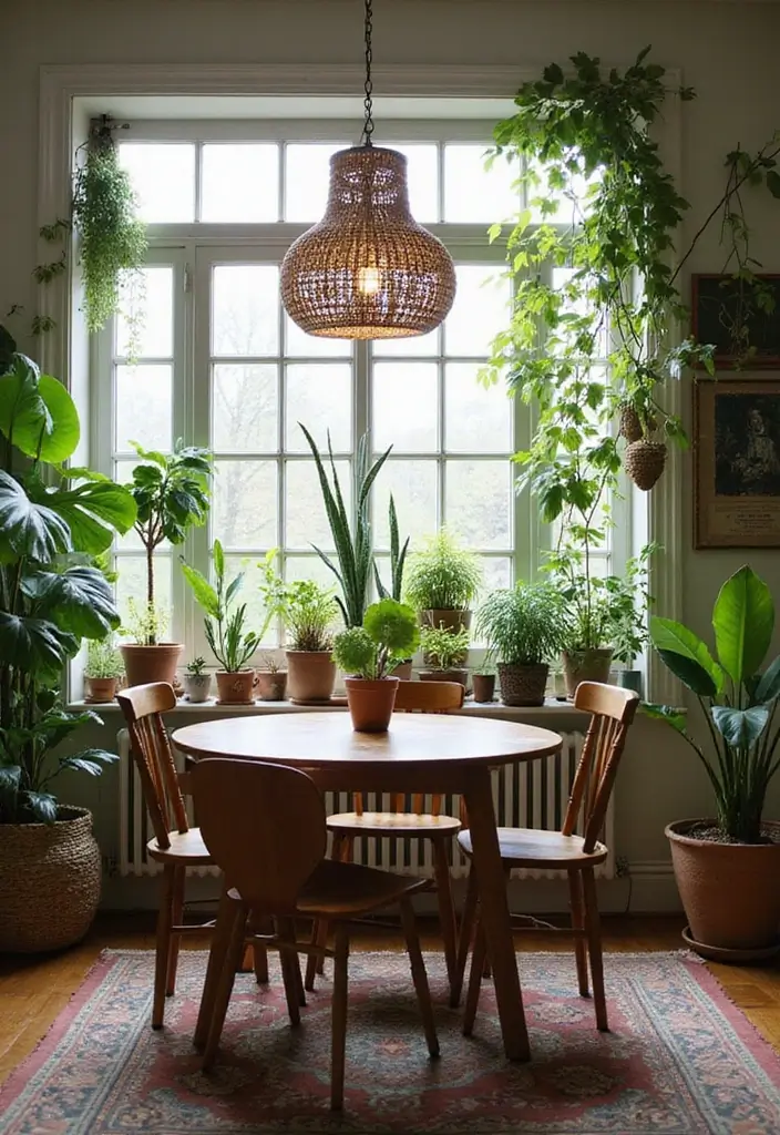 29 Boho Dining Room Styles That Feel Cozy and Eclectic - 7. Natural Elements with Plants
