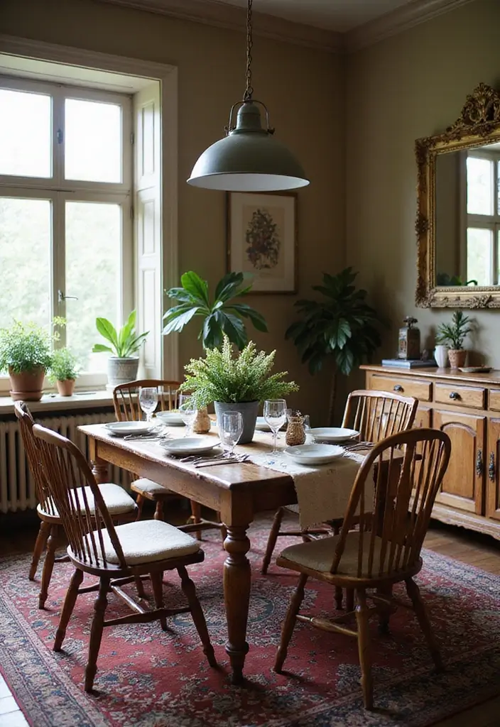 29 Boho Dining Room Styles That Feel Cozy and Eclectic - 8. Vintage Finds as Decor