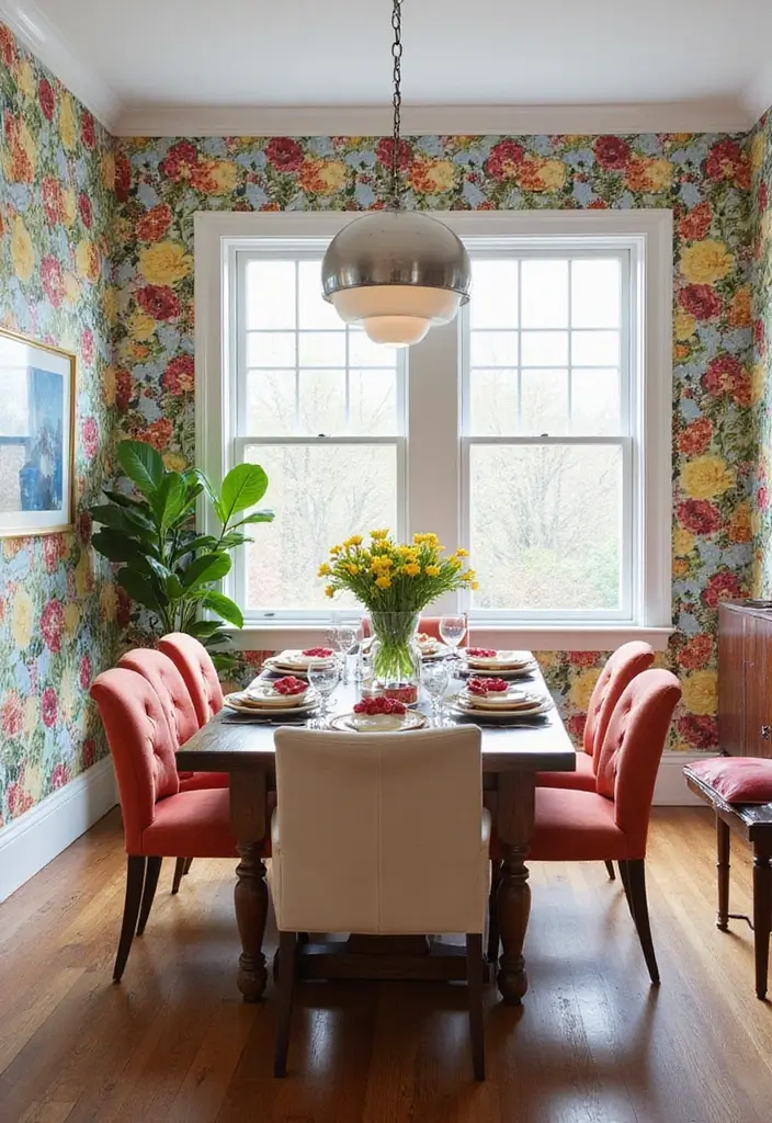 29 Casual Dining Room Ideas Perfect for Everyday Living 14 29 Casual Dining Room Ideas Perfect for Everyday Living - 15. Colorful Wallpaper