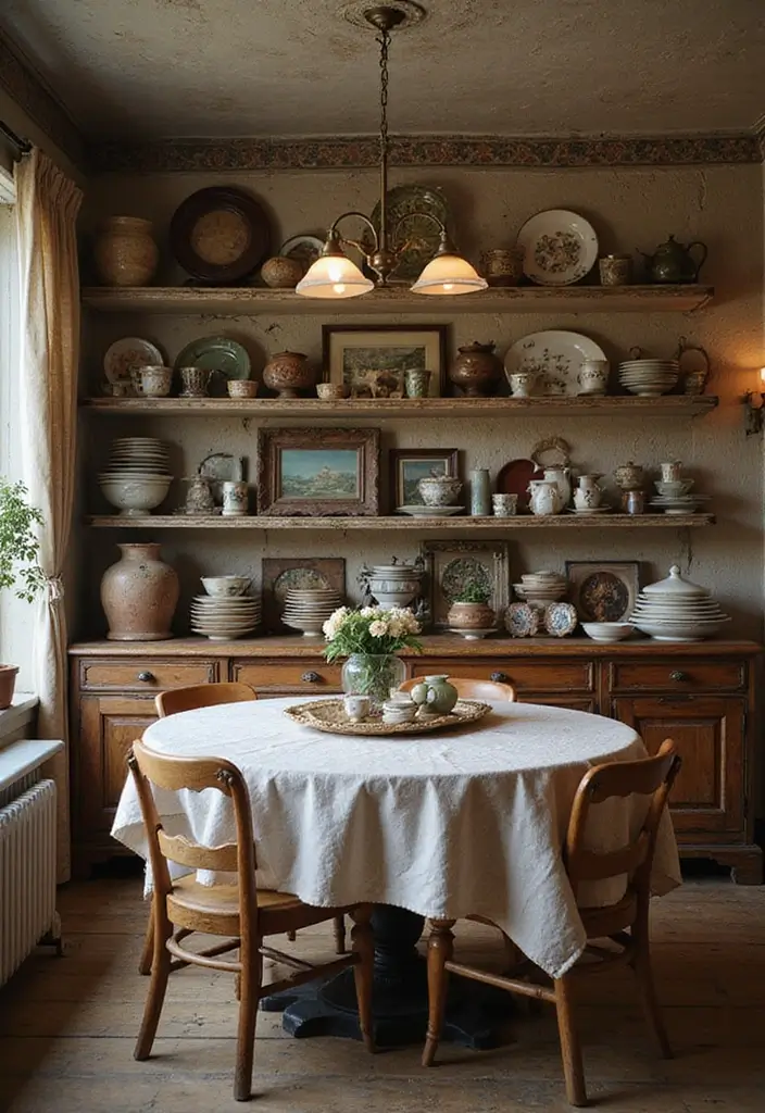 29 Cottage Dining Room Inspirations That Feel Homey - 24. Vintage Finds Display