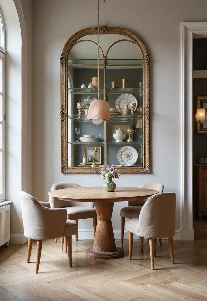 29 Mirror in Dining Room Ideas for Bigger, Brighter Spaces - 8. Mirror-Backed Shelving