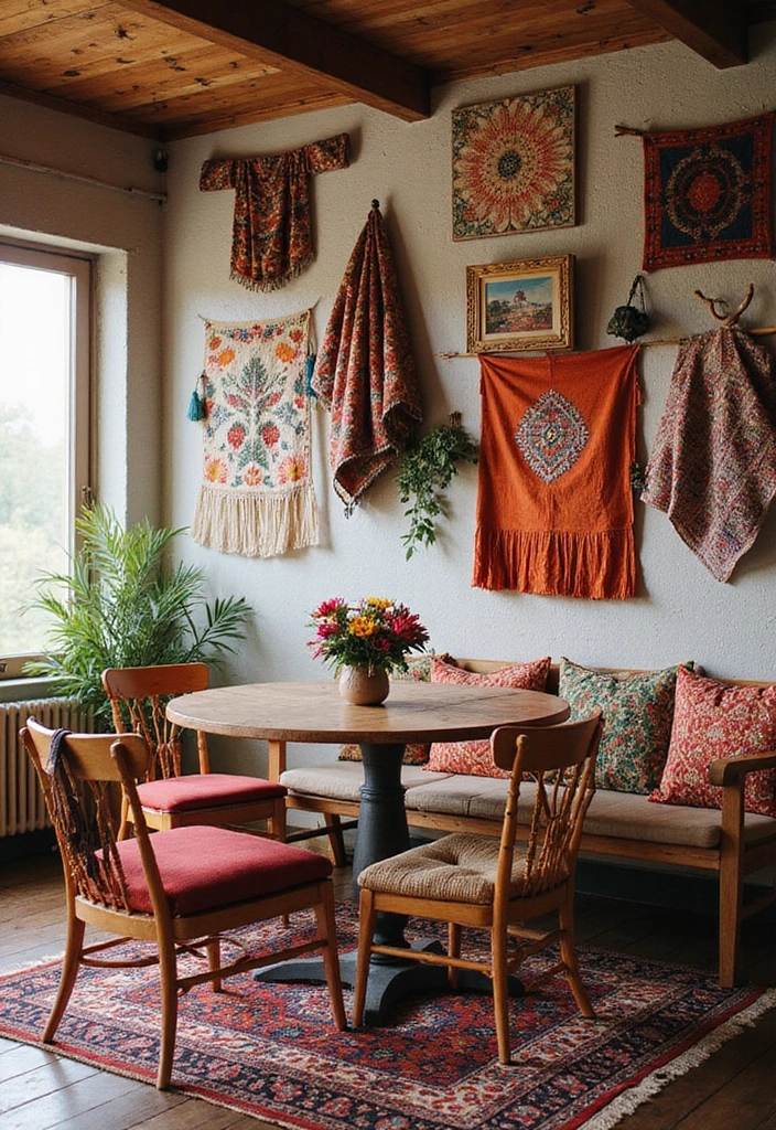 30 Dining Room Accent Wall Ideas That Add Personality - 14. Bohemian Textiles
