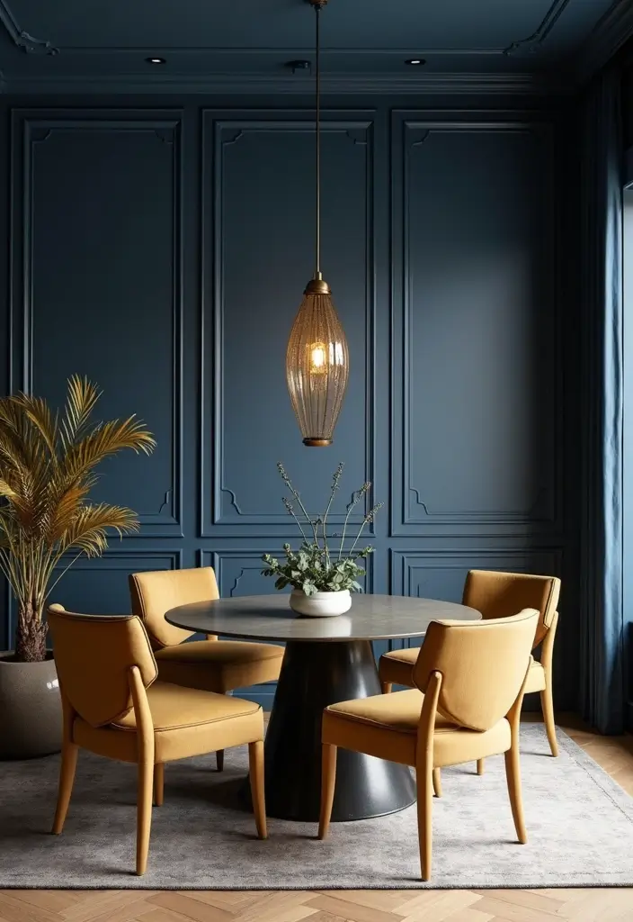 30 Dining Room Dark Color Palettes That Look Chic - 1. Deep Navy Blue and Warm Gold